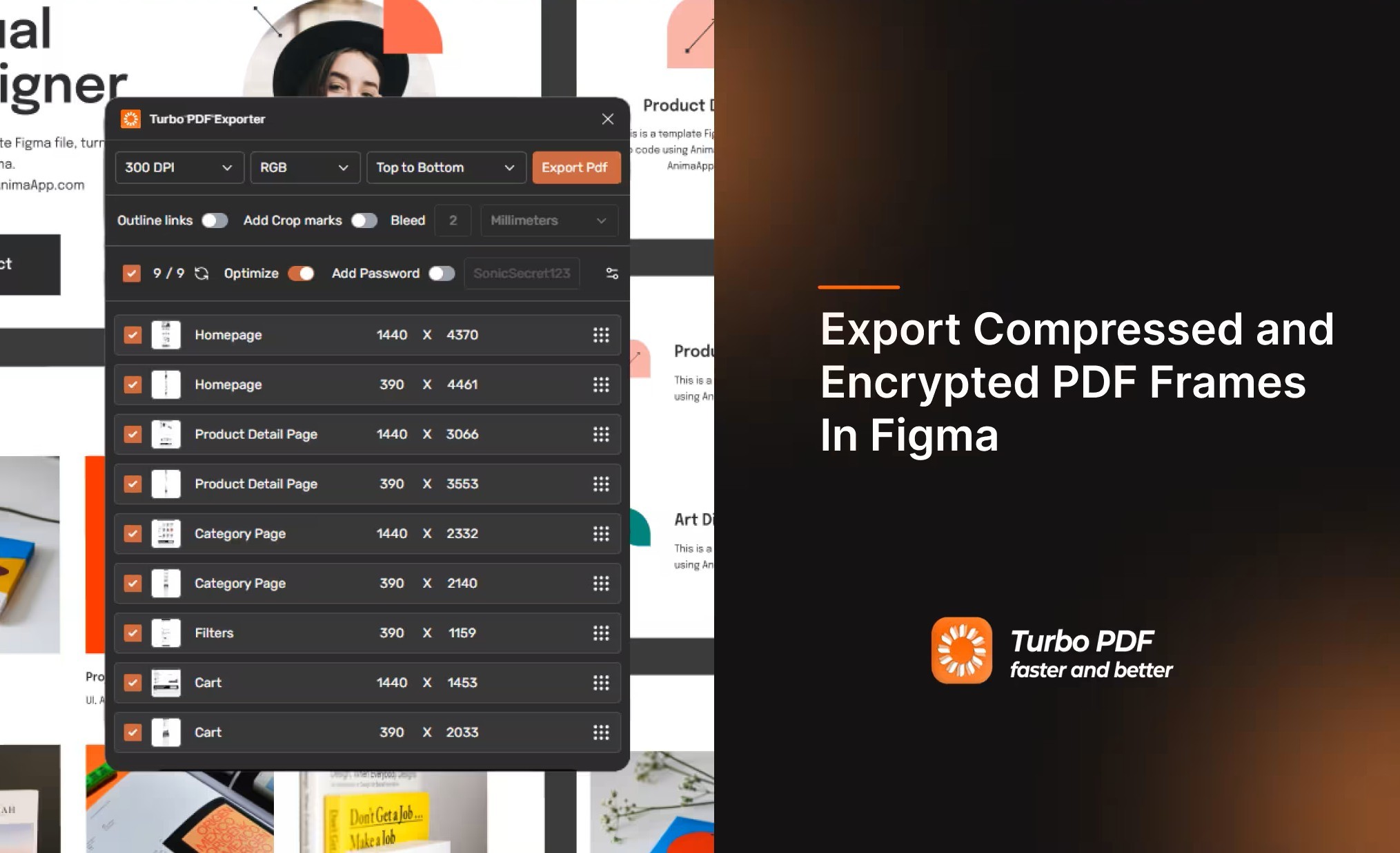 Turbo PDF Exporter & Compressor interface in Figma